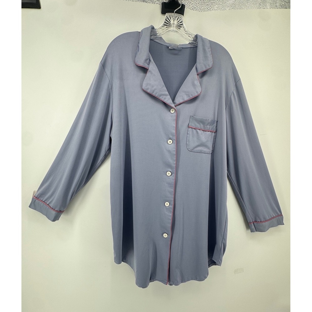 Taniri Womens Blue Gray Pink Piping Long Sleeve Button Down Nightshirt Size L
